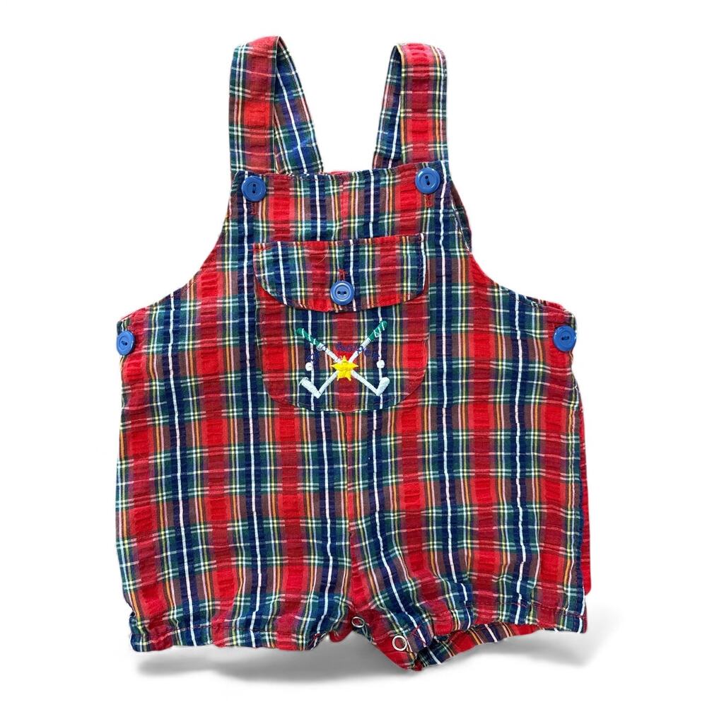 Vintage Top Golfer Paper Tag Plaid Red Shortalls Boys 3-6m